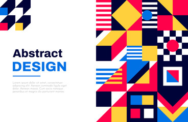Obraz premium Abstract geometric poster design background, retro cover template. Vector background with minimal geometry figures, shapes patterns and vibrant colors for exhibit art, magazine, journal, album designs