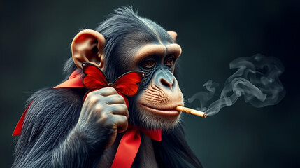 Chimpanzee wearing red butterfly ribbon posing like mafia and smoking