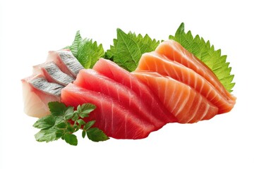 White background featuring salmon tuna and haddock dishes