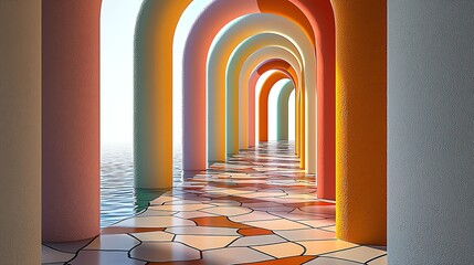 Colorful Arches and Water Illusion Creating Dreamy Architecture Hallway Perspective