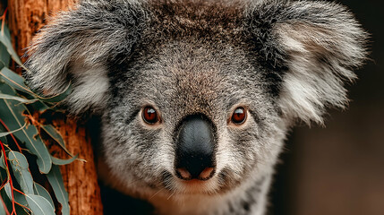 Fototapeta premium Close-up portrait of an adorable koala, its fur detailed, eyes captivating, peering from behind eucalyptus leaves.