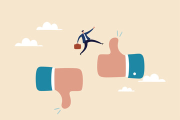 Change or transform to better opportunity, improvement or courage, determination to progress or career growth, aspiration or challenge concept, courage businessman jumping from thumb down to thumb up.