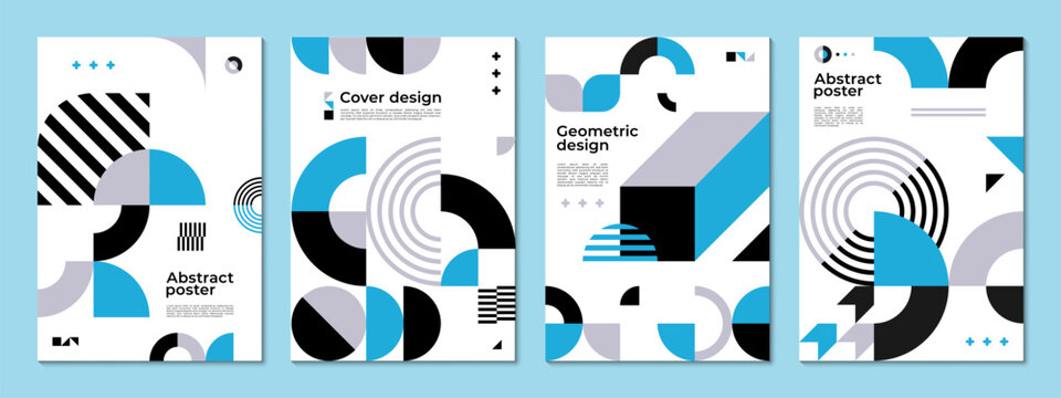 Abstract poster with geometric shapes and pattern. Vector background, cover templates with retro modern minimal geometry forms, lines in blue, black and white for exhibit art, magazine, journal, album