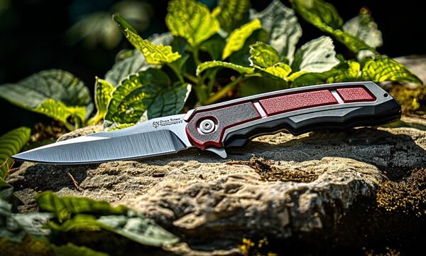 Folding knife resting on rocks with foliage.
