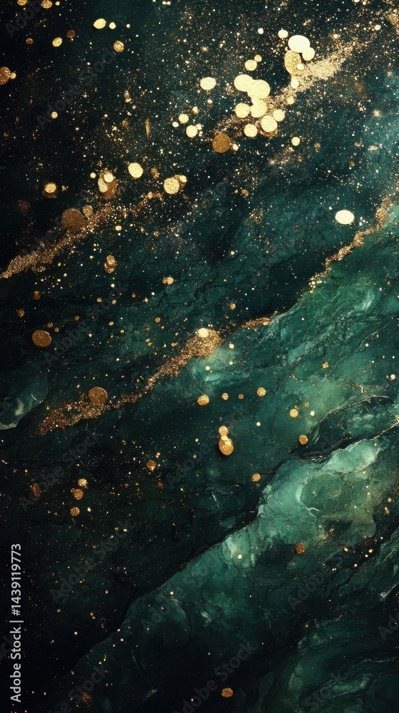 Aufkleber Emerald Green and Gold Sparkle Texture - Luxurious Abstract Design with Glittering Dots and Fluid Lines for Wallpaper, Backgrounds
