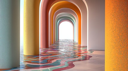 Colorful Arches Corridor with Water Reflection and Pastel Tones