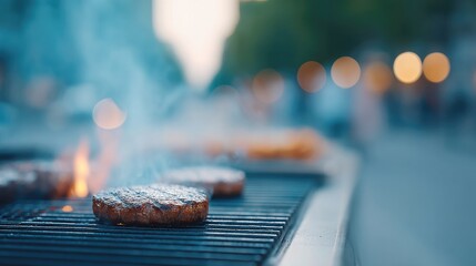 person stands focused tending to barbecue grill emitting gentle smoke against softly blurred background