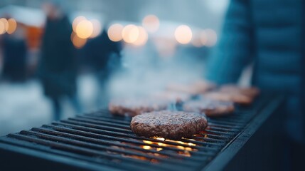 person stands focused tending to barbecue grill emitting gentle smoke against softly blurred background