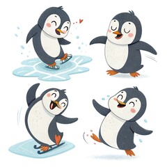Obraz premium Adorable Penguin Ice Skating Winter Fun Cute Cartoon Illustration