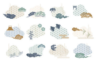 Set of geometric modern graphic elements vector in Japanese style. Asian icons and symbol with Japanese pattern. Abstract banners with template for logo design, flyer or presentation in vintage style.