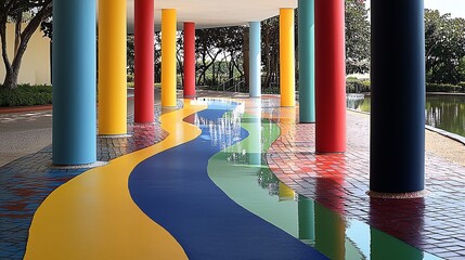 Colorful Painted Walkway and Pillars Near Pond Inspiring Public Art