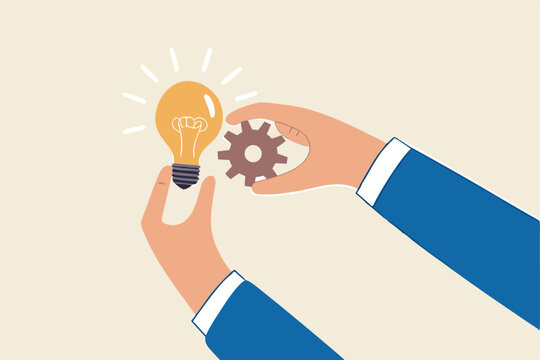Implement business idea, development process or project implementation, new innovation, optimization or solution concept, businessman hand holding lightbulb idea implementing cogwheel to make it work.