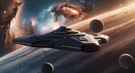 Starship in hyperspace traveling between galaxies background