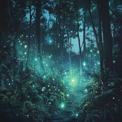 Enchanted Forest at Night with Glowing Fireflies Lighting Pathway