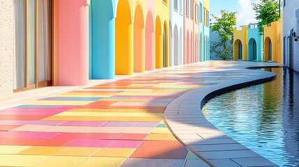 Colorful Street with Arches and Water Feature in a Sunny Setting