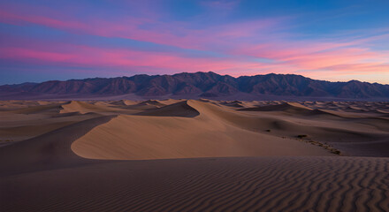 Majestic Desert Landscape At Sunset With Colorful Sky And Mountain Range