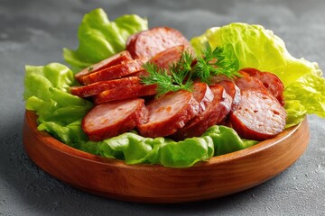 Wooden plate with lettuce and sliced sausage on a gray backdrop