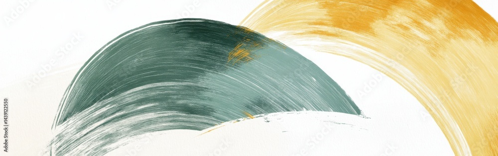 Poster abstract painting: intersecting arcs in muted green and gold tones with delicate pencil stroke textu