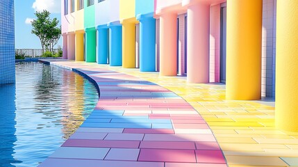 Walking Along Colorful Building with Pool Reflecting Sky and Tree