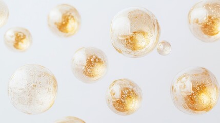 Golden spheres floating, white background, cosmetic ad