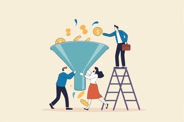 Idea funnel, brainstorm to get solution or final idea, creativity, innovation or imagination to create inspiring solution concept, business people help put small lightbulb in funnel to get final idea.