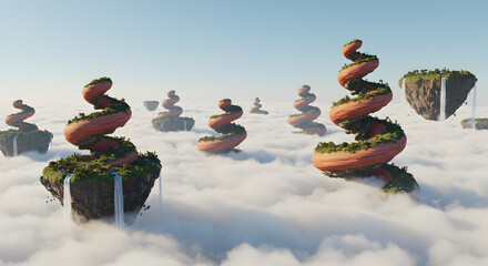 Whimsical Floating Islands With Spiral Rock Formations And Cascading Waterfalls