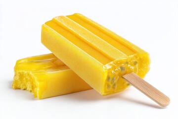 Yellow fruit popsicle with mango passion fruit and pineapple flavor on a white background