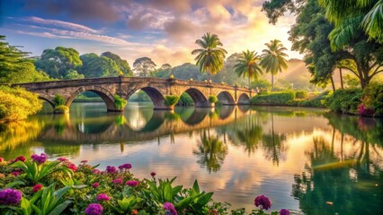 Fototapeta premium Serene Sunrise Over a Picturesque Stone Arch Bridge Reflecting in a Tranquil Lake Surrounded by Lush Tropical Foliage and Vibrant Flowers