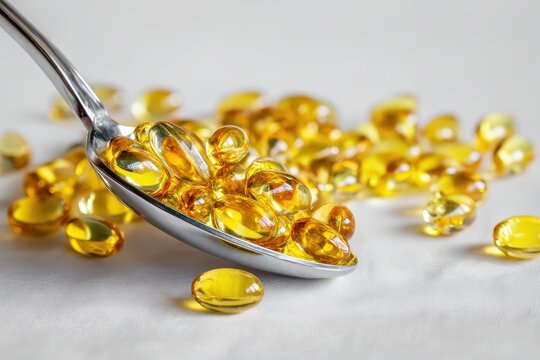 Yellow capsules in a spoon and on the floor Softgel dietary supplements including fish oil omega 3 vitamin D3 and vitamin E against a white backdrop