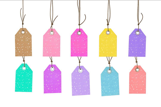 Festive colorful gift tags on display isolated on white background photo front view variation high detail texture ultra detail midshot