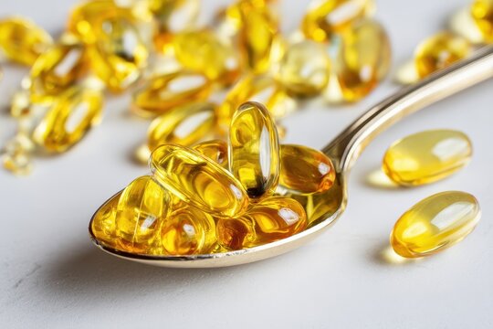 Yellow pills on a spoon and the floor softgel capsules of fish oil omega 3 vitamin D3 and vitamin E on a white backdrop