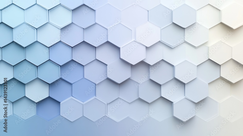 Poster muted gradient hexagonal backdrop: a blend of soft blues, purples, and creams in a modern, abstract 