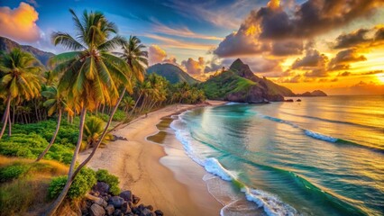 Golden Sunset over a Secluded Tropical Beach with Lush Palm Trees and Rolling Waves