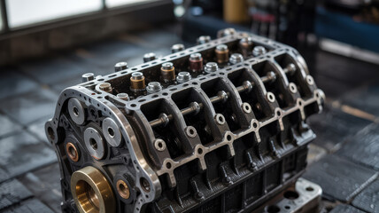 Fototapeta premium Mechanical engine component in industry workshop highlighting advanced technology and precision engineering for industrial applications