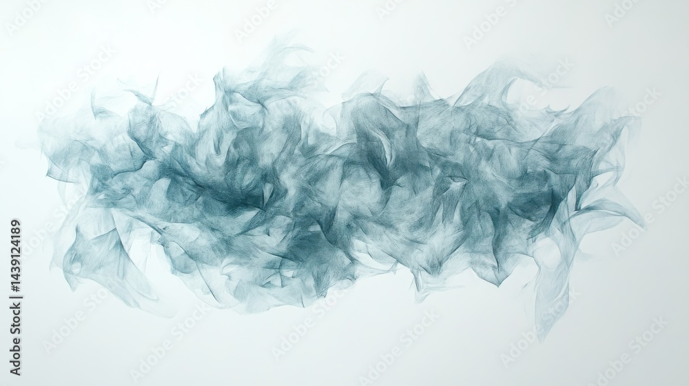 Poster minimalist pencil strokes create a chaotic yet abstract pattern in muted blue-gray tones on a white 