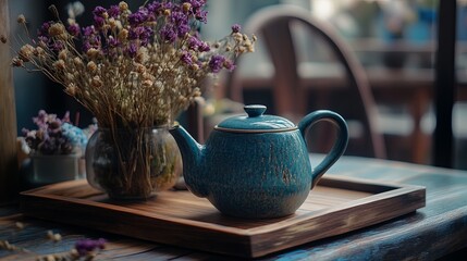 Tea pot on wooden tray with dried flowers .