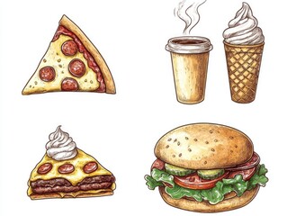 Hand-drawn illustrations of fast food
