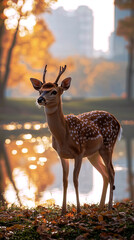 Delicate deer standing in a misty city park