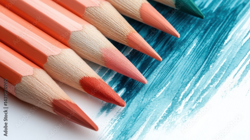 Poster elegant pencil strokes and stains in gradient coral, peach and blue tones, arranged in a linear comp