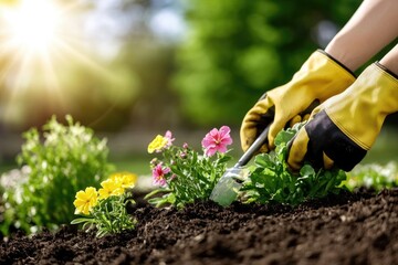 Fototapeta premium Blossoming land: orchard gardening, gardener dedication, planting effort, floral beauty, green landscape, seasonal growth, nature care, soil enrichment, fruit cultivation, landscape charm.