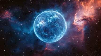 Obraz premium A glowing blue planet amidst swirling cosmic colors in deep space. Stars twinkle in the darkness, highlighting this stunning view.