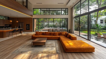 Naklejka premium Modern open-plan living area with large windows