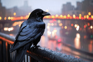 Black Raven on a Metal Railing