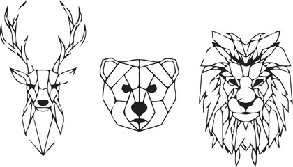 Vector black silhouette of a tribal wolf, lion, and tiger head, a wild animal tattoo mascot illustration