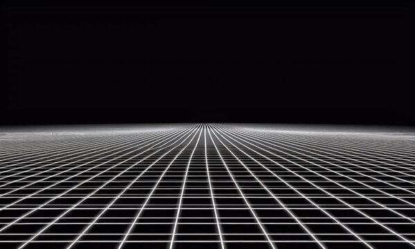  Black grid background with white lines, 3D render, cyberpunk style, dark atmosphere, perspective view of the floor, hyper-realistic 