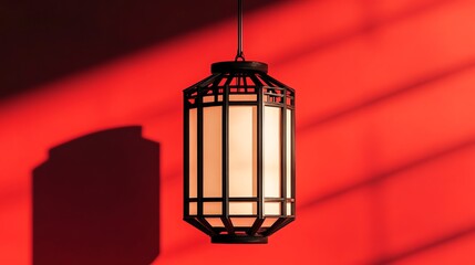 Hanging Lantern Casts a Shadow on a Vibrant Red Wall