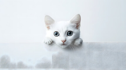 Curious white cat peeking over a surface minimalistic pure white background captivating pet portrait