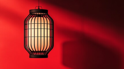 Hanging Asian Lantern on Red Background Casting Dramatic Shadow