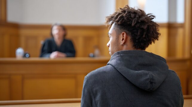 A teenager sits beside a public defender during a court session, focusing on the juvenile court judge in a quiet courtroom with natural lighting