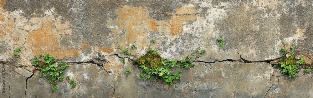 Aufkleber weathered concrete surface with mossy green plants thriving in cracks, showing resilience and the po